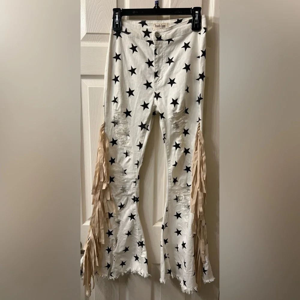 Peach Love California Black Star White fringe  Pants